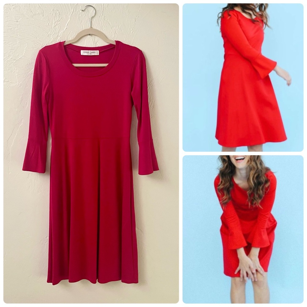 Sonnet James Rosie Long 3/4 Bell Sleeves Tea Length Play Dress in Red
